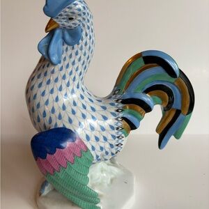 Herend Vibrant Rooster Figurine in Blue and Multicolor